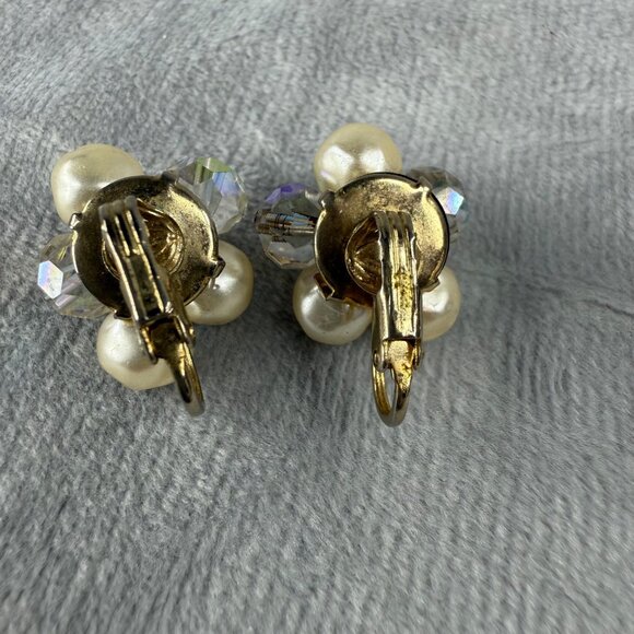 Vintage Faux Pearl & Crystal Beaded Cluster Clip-On Earrings Women MCM - Picture 12 of 16